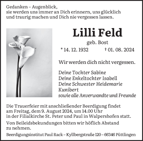 Traueranzeige von Lilli Feld von saarbruecker_zeitung