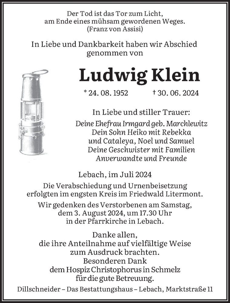  Traueranzeige für Ludwig Klein vom 31.07.2024 aus saarbruecker_zeitung