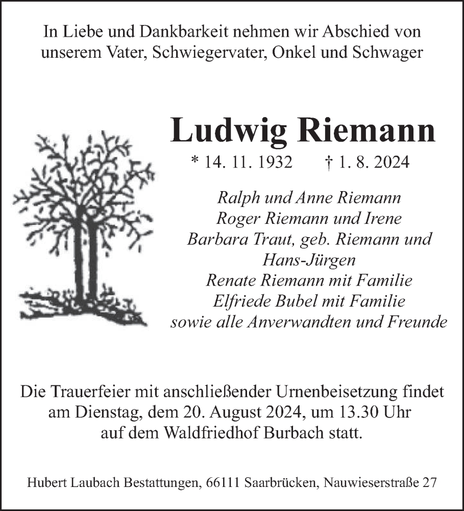  Traueranzeige für Ludwig Riemann vom 10.08.2024 aus saarbruecker_zeitung