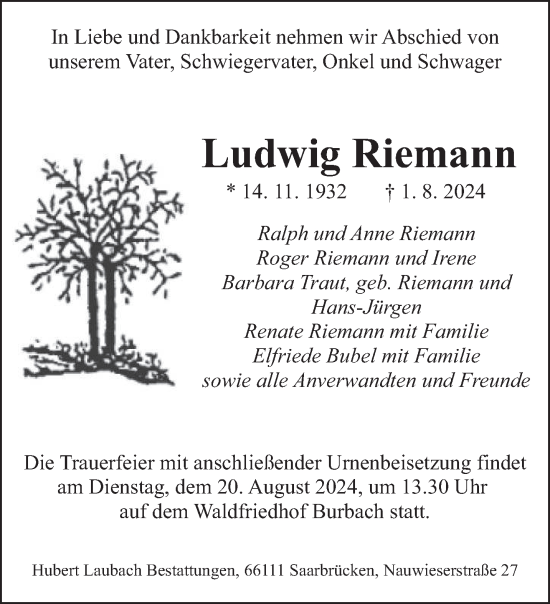 Traueranzeige von Ludwig Riemann von saarbruecker_zeitung