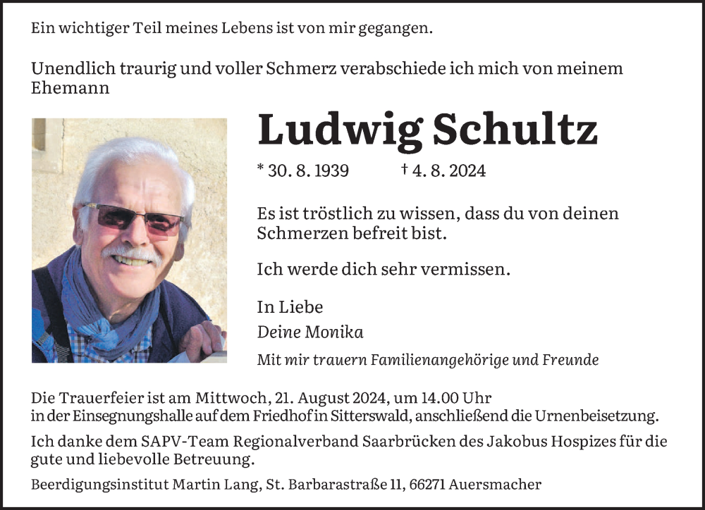  Traueranzeige für Ludwig Schultz vom 10.08.2024 aus saarbruecker_zeitung