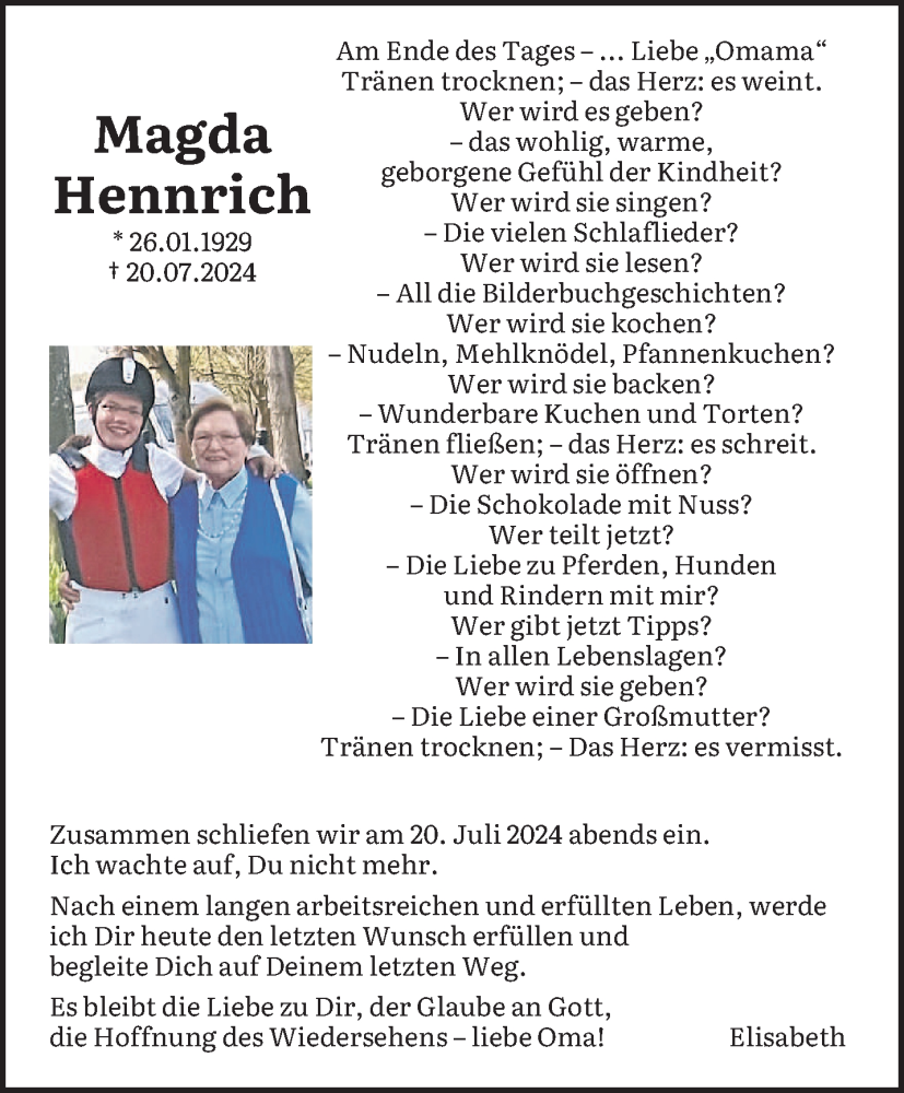  Traueranzeige für Magda Hennrich vom 09.08.2024 aus saarbruecker_zeitung