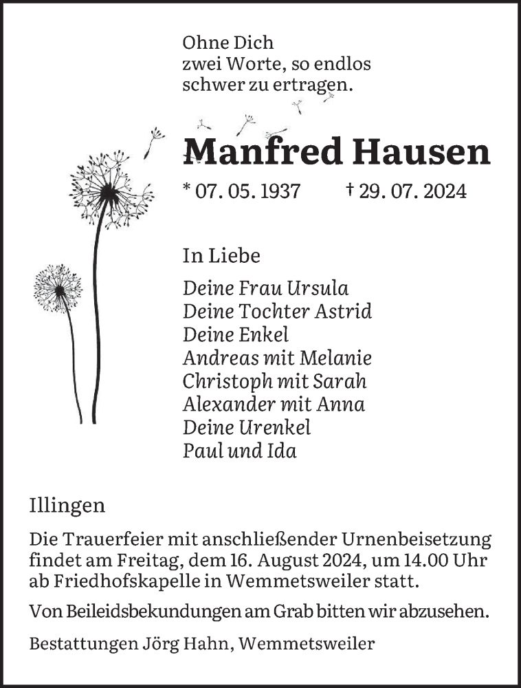  Traueranzeige für Manfred Hausen vom 10.08.2024 aus saarbruecker_zeitung