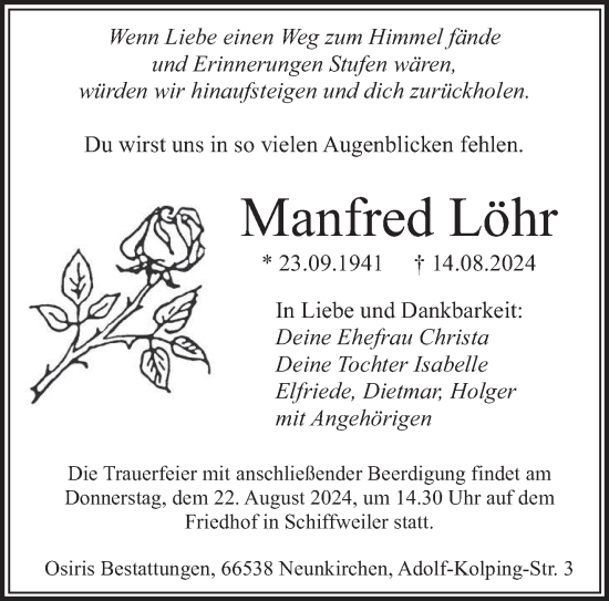 Traueranzeige von Manfred Löhr von saarbruecker_zeitung