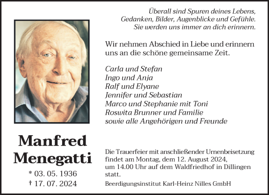 Traueranzeige von Manfred Menegatti von saarbruecker_zeitung