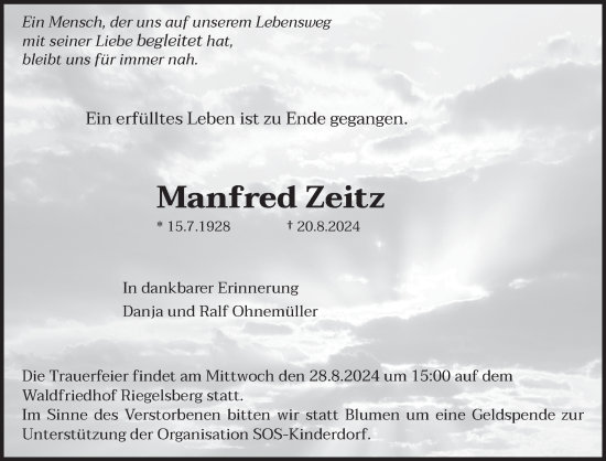 Traueranzeige von Manfred Zeitz von saarbruecker_zeitung