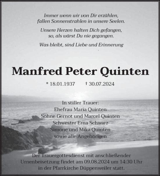 Traueranzeige von Manfred Peter Quinten von saarbruecker_zeitung