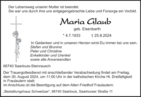 Traueranzeige von Maria Glaub von saarbruecker_zeitung