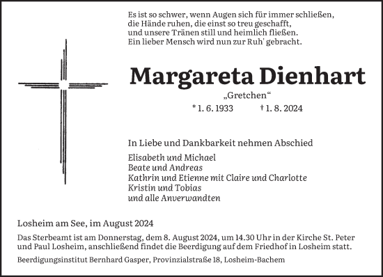 Traueranzeige von Margareta Dienhart von saarbruecker_zeitung