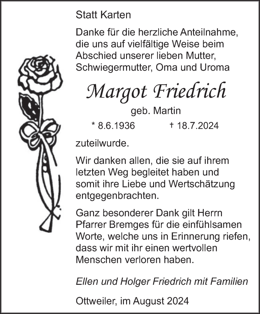 Traueranzeige für Margot Friedrich vom 17.08.2024 aus saarbruecker_zeitung