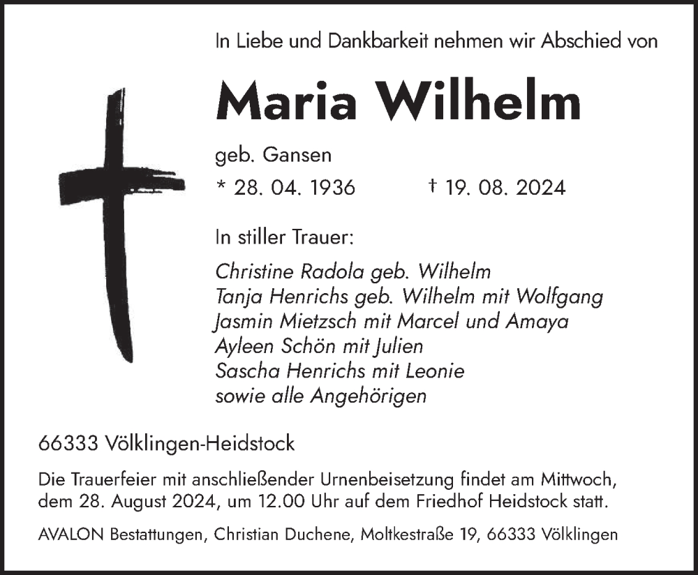  Traueranzeige für Maria Wilhelm vom 24.08.2024 aus saarbruecker_zeitung