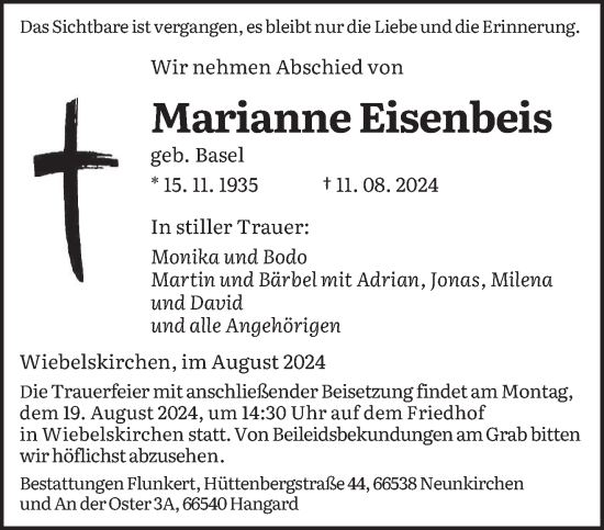 Traueranzeige von Marianne Eisenbeis von saarbruecker_zeitung