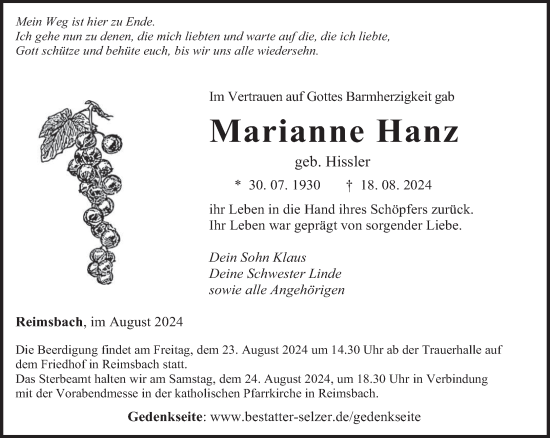 Traueranzeige von Marianne Hanz von saarbruecker_zeitung