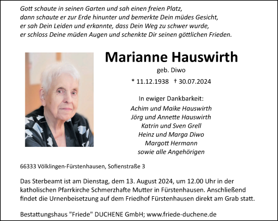 Traueranzeige von Marianne Hauswirth von saarbruecker_zeitung