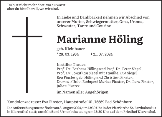 Traueranzeige von Marianne Höling von saarbruecker_zeitung