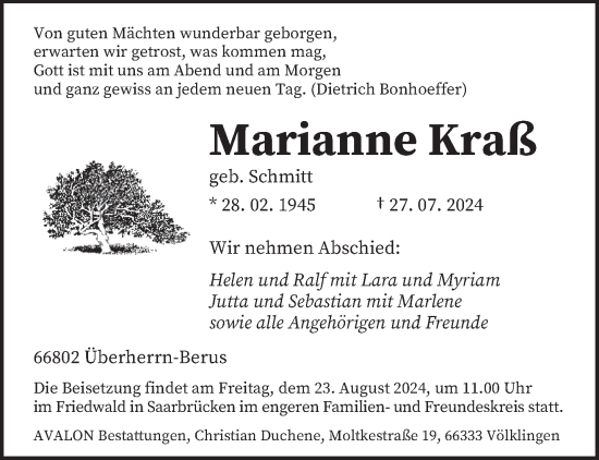 Traueranzeige von Marianne Kraß von saarbruecker_zeitung