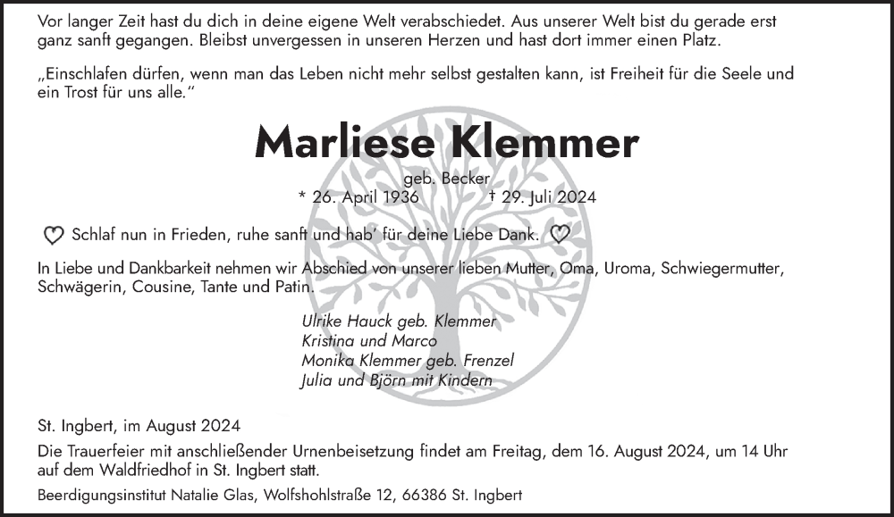  Traueranzeige für Marliese Klemmer vom 10.08.2024 aus saarbruecker_zeitung