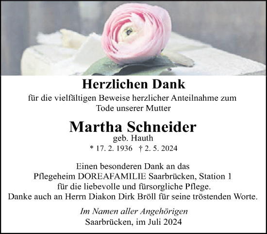 Traueranzeige von Martha Schneider von saarbruecker_zeitung