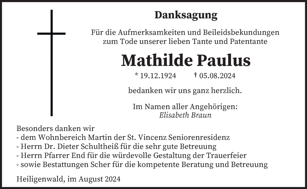  Traueranzeige für Mathilde Paulus vom 24.08.2024 aus saarbruecker_zeitung