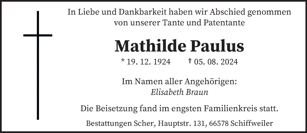  Traueranzeige für Mathilde Paulus vom 10.08.2024 aus saarbruecker_zeitung