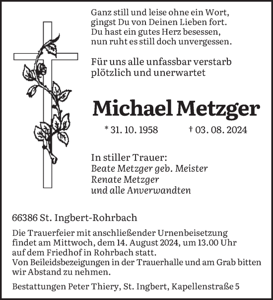 Traueranzeige von Michael Metzger von saarbruecker_zeitung