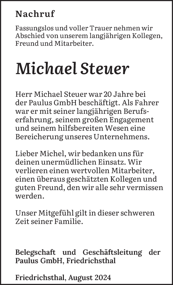 Traueranzeige von Michael Steuer von saarbruecker_zeitung