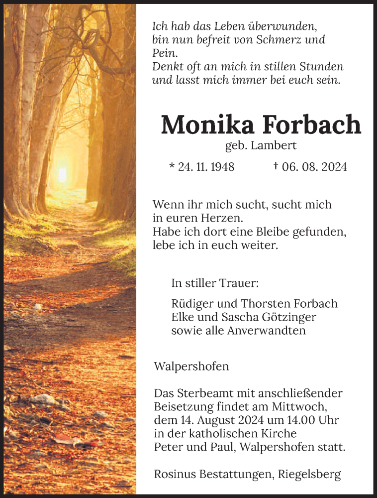  Traueranzeige für Monika Forbach vom 10.08.2024 aus saarbruecker_zeitung