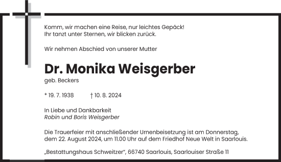 Traueranzeige von Monika Weisgerber von saarbruecker_zeitung