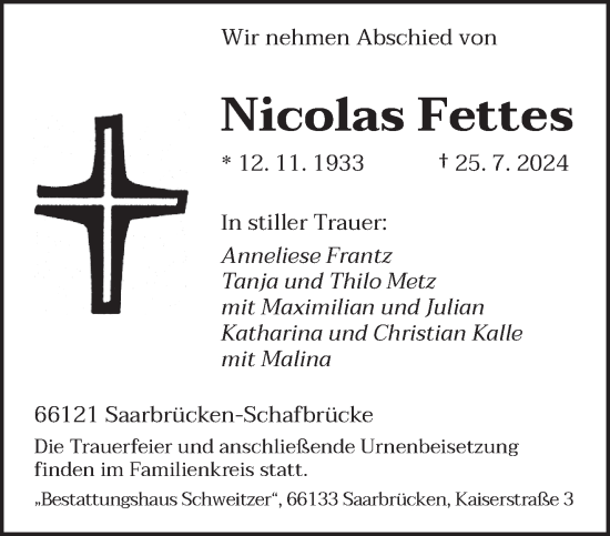 Traueranzeige von Nicolas Fettes von saarbruecker_zeitung