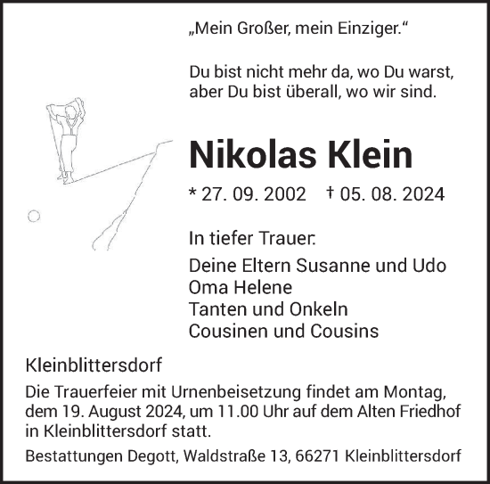 Traueranzeige von Nikolas Klein von saarbruecker_zeitung