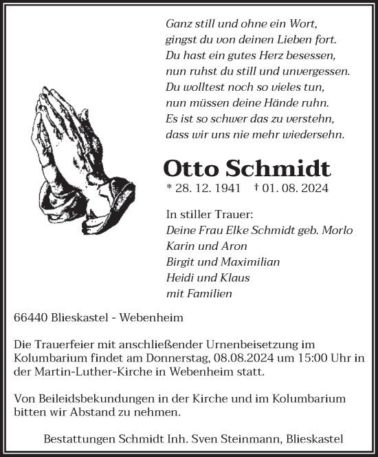 Traueranzeige von Otto Schmidt von saarbruecker_zeitung