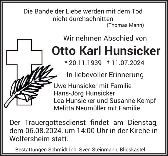 Traueranzeige von Otto Karl Hunsicker von saarbruecker_zeitung