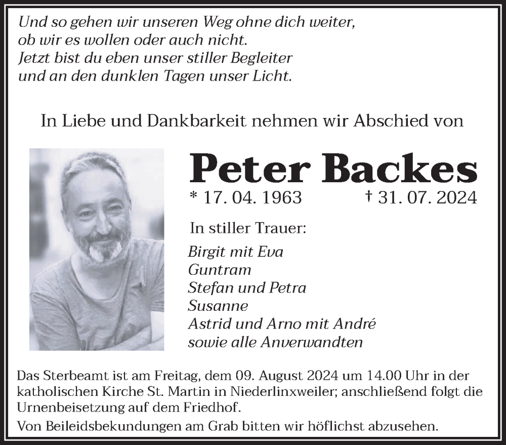  Traueranzeige für Peter Backes vom 06.08.2024 aus saarbruecker_zeitung