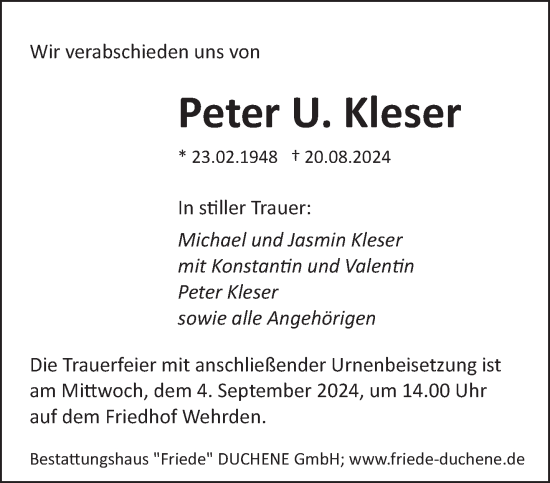 Traueranzeige von Peter  Kleser von saarbruecker_zeitung