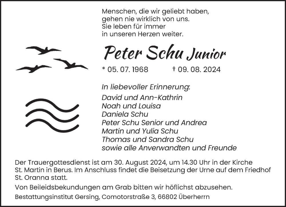  Traueranzeige für Peter Schu vom 24.08.2024 aus saarbruecker_zeitung