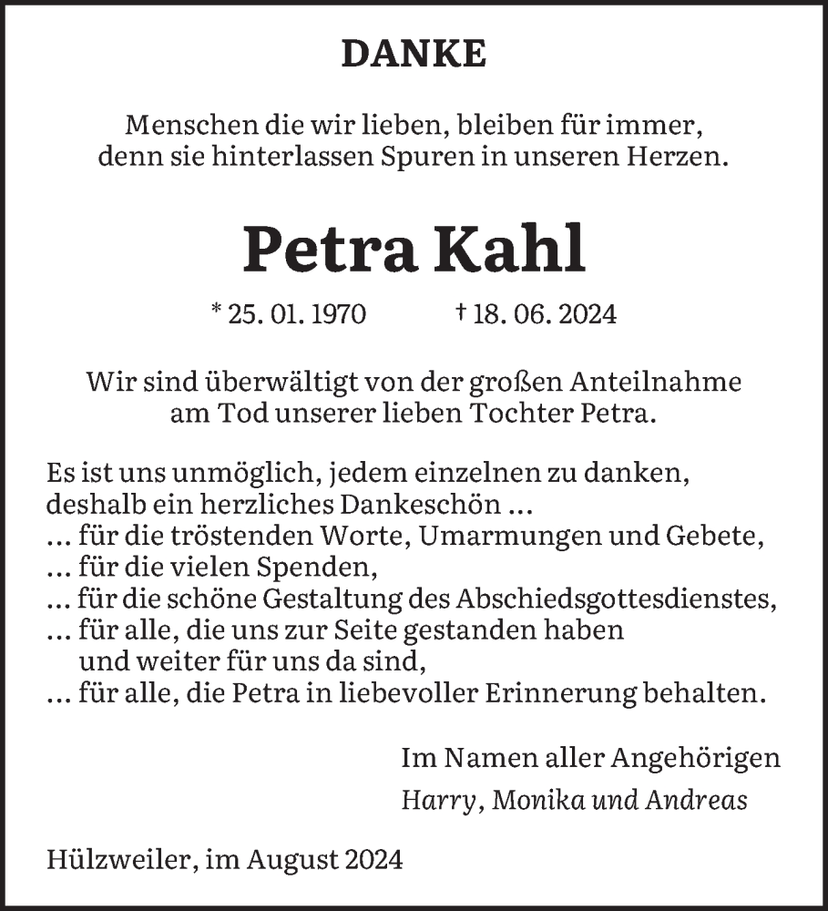  Traueranzeige für Petra Kahl vom 03.08.2024 aus saarbruecker_zeitung