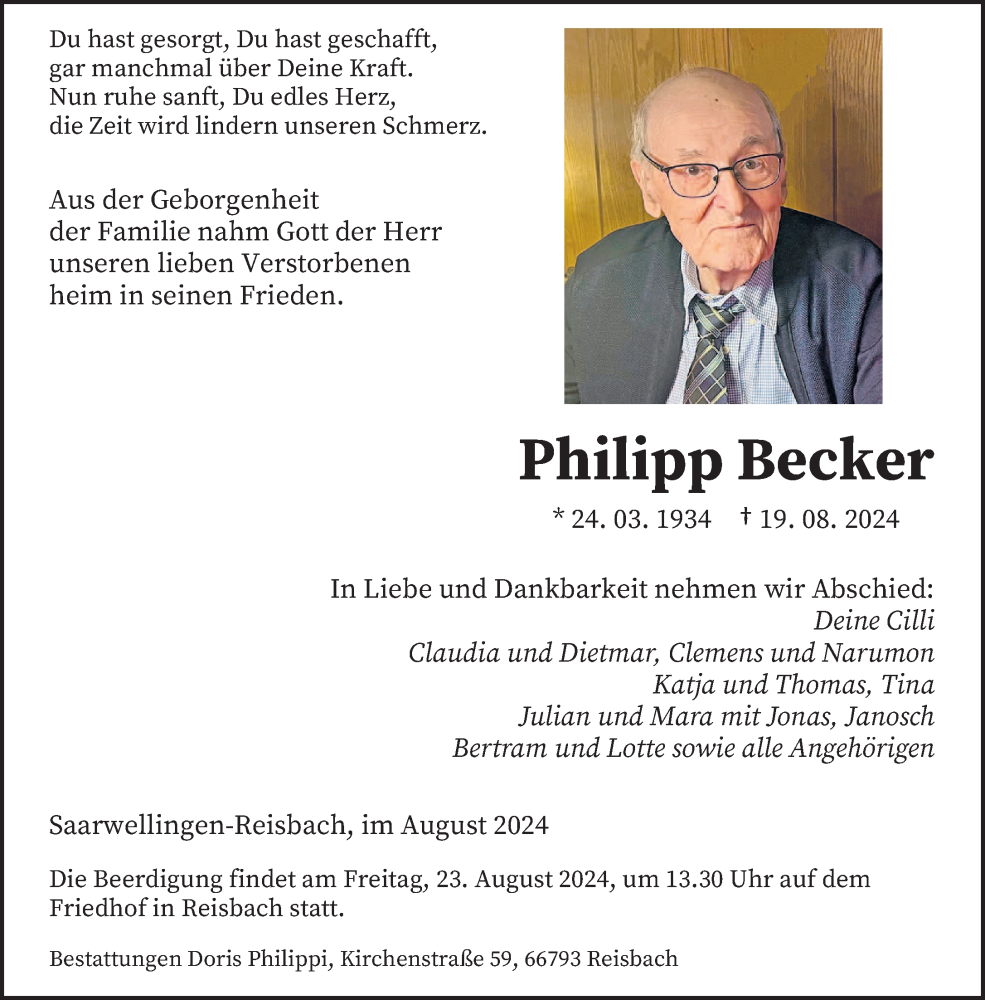  Traueranzeige für Philipp Becker vom 21.08.2024 aus saarbruecker_zeitung