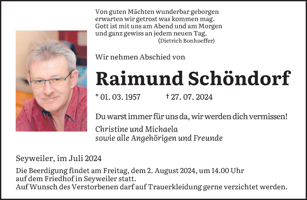  Traueranzeige für Raimund Schöndorf vom 31.07.2024 aus saarbruecker_zeitung