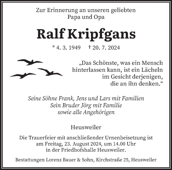 Traueranzeige von Ralf Kripfgans von saarbruecker_zeitung
