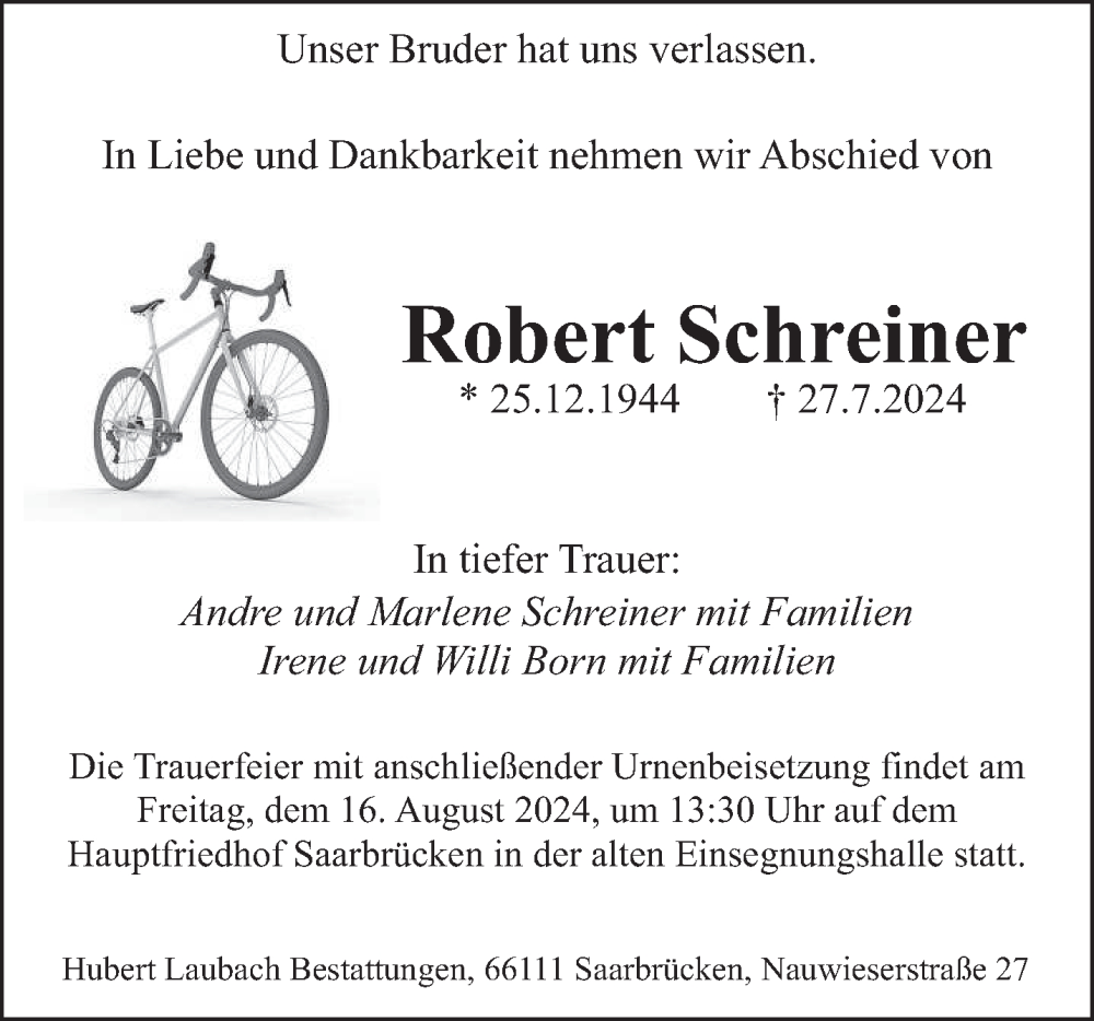  Traueranzeige für Robert Schreiner vom 10.08.2024 aus saarbruecker_zeitung