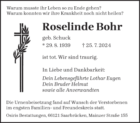 Traueranzeige von Roselinde Bohr von saarbruecker_zeitung