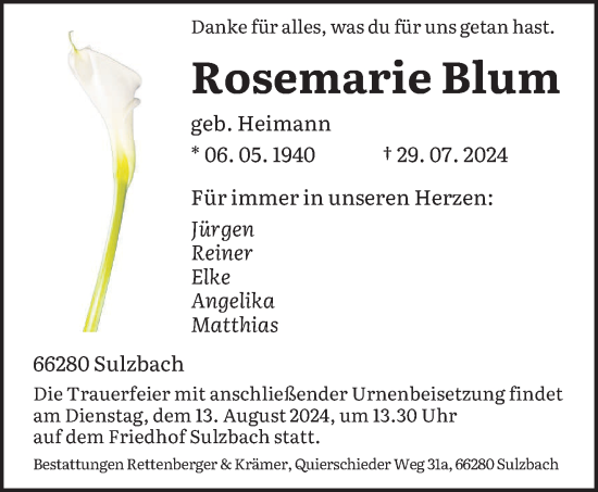 Traueranzeige von Rosemarie Blum von saarbruecker_zeitung