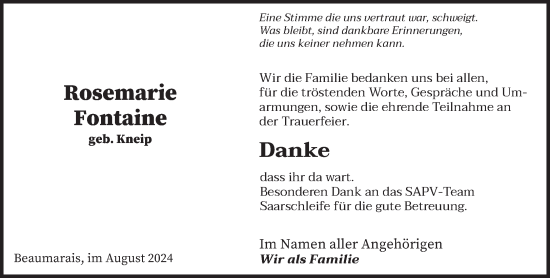 Traueranzeige von Rosemarie Fontaine von saarbruecker_zeitung