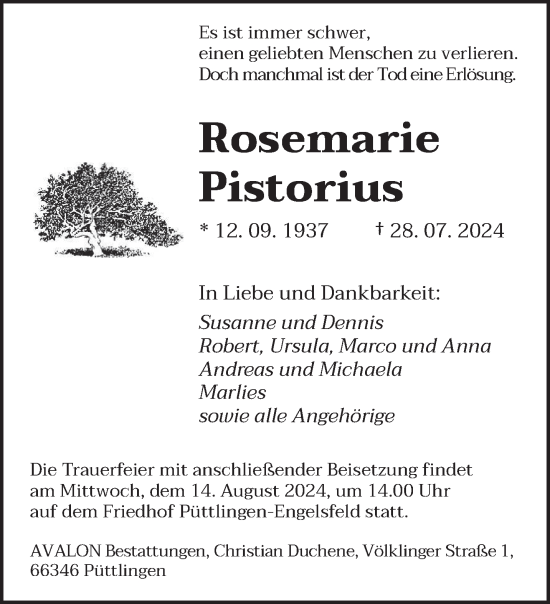 Traueranzeige von Rosemarie Pistorius von saarbruecker_zeitung