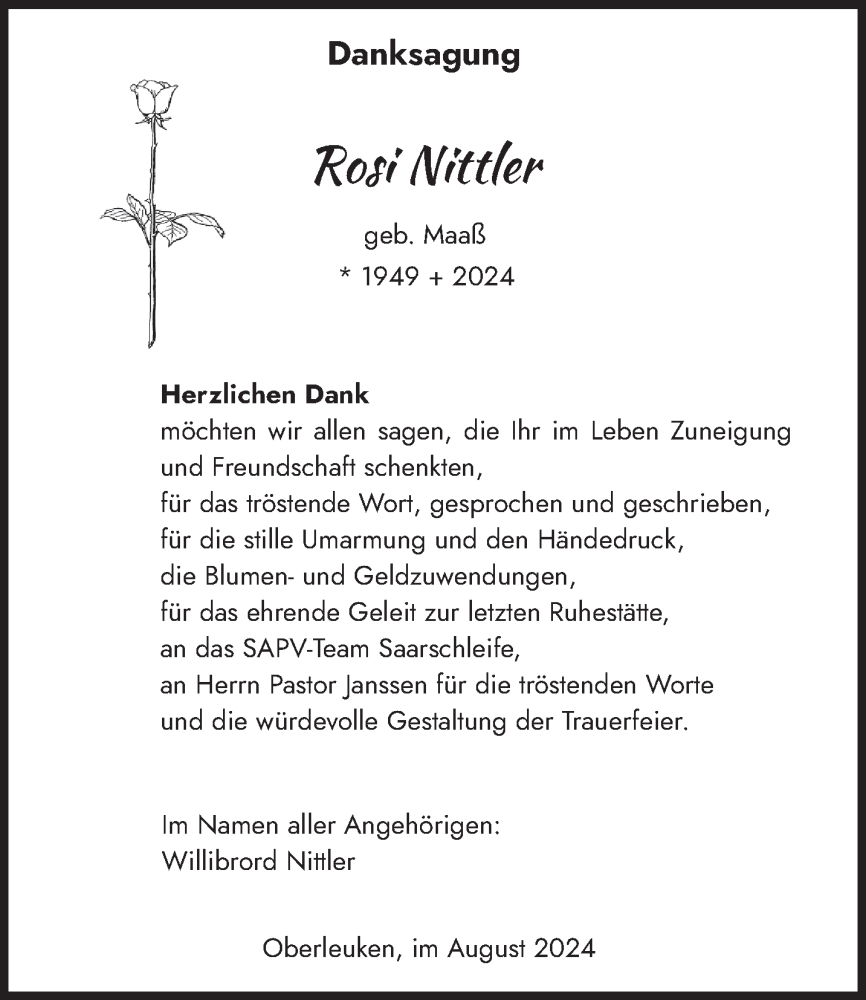  Traueranzeige für Rosi Nittler vom 09.08.2024 aus saarbruecker_zeitung