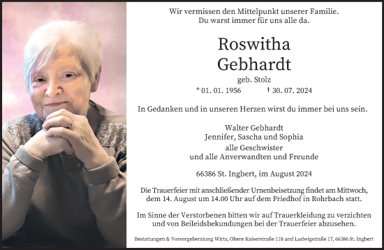 Traueranzeige von Roswitha Gebhardt von saarbruecker_zeitung