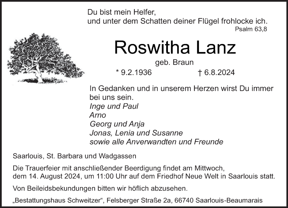  Traueranzeige für Roswitha Lanz vom 10.08.2024 aus saarbruecker_zeitung