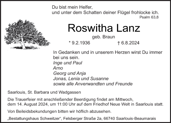 Traueranzeige von Roswitha Lanz von saarbruecker_zeitung