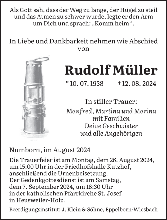 Traueranzeige von Rudolf Müller von saarbruecker_zeitung