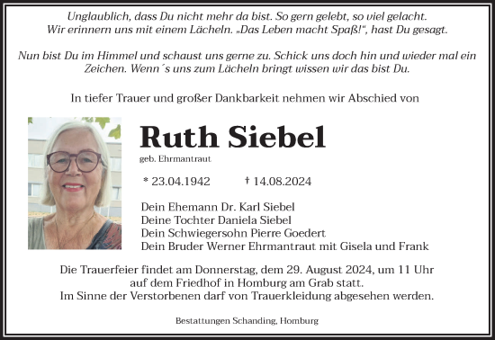 Traueranzeige von Ruth Siebel von saarbruecker_zeitung